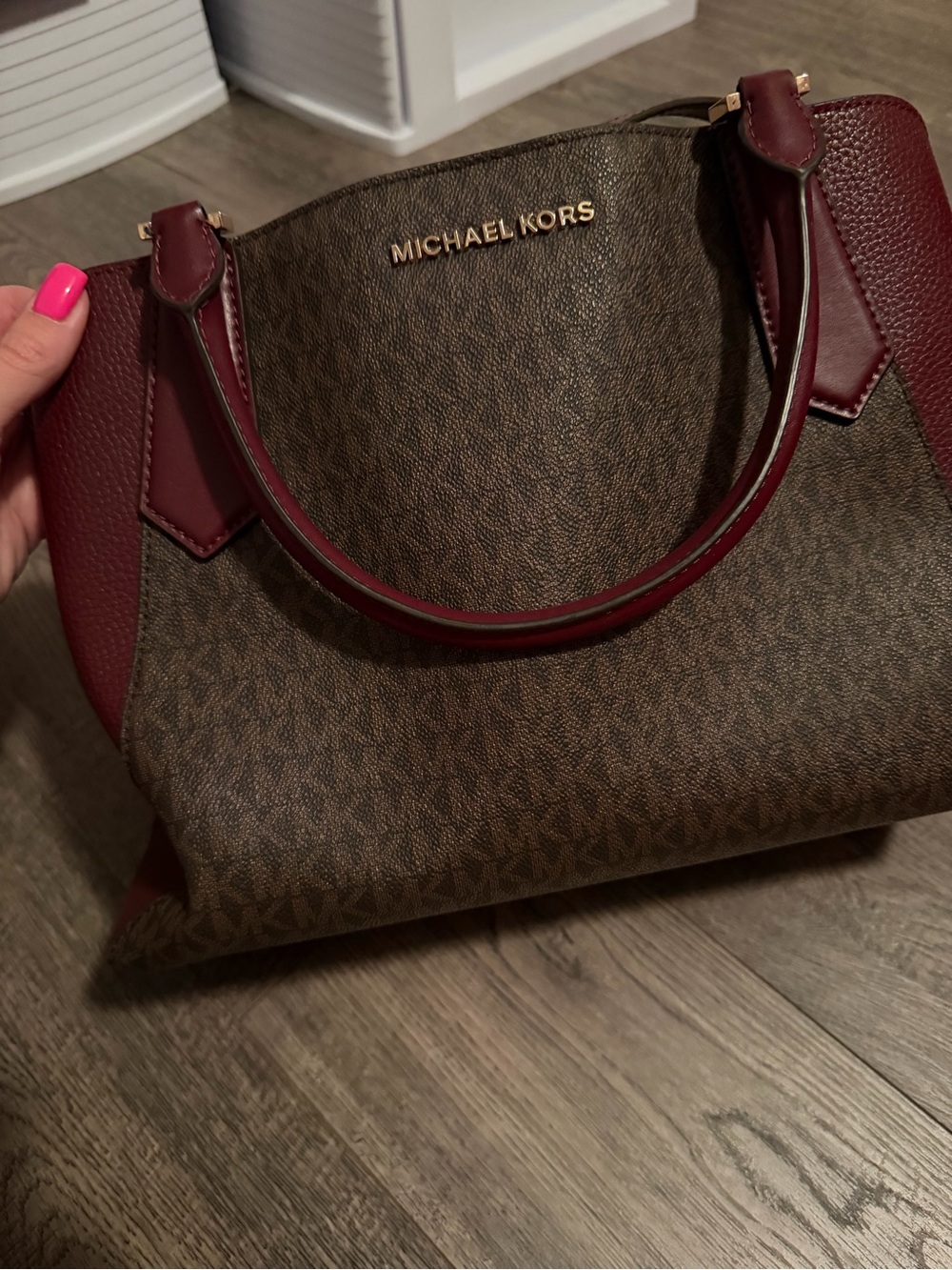 Michael Kors Brown Logo Satchel with Burgundy Trim